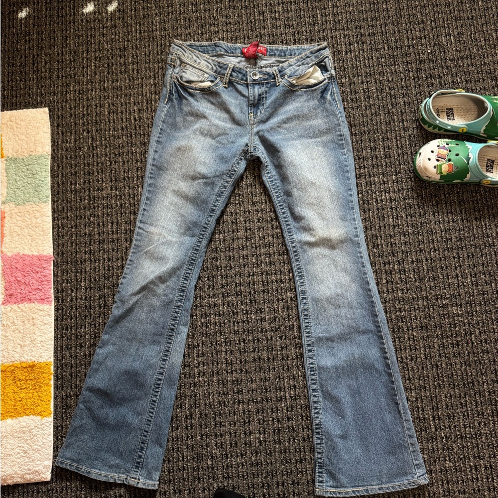 Red Rivet Flare Jeans in Light Blue